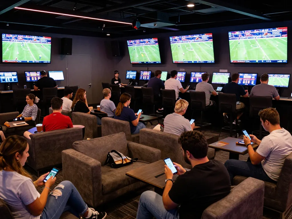Thể Thao MM99 in action with bettors engaging in live sports wagers at a vibrant betting facility.