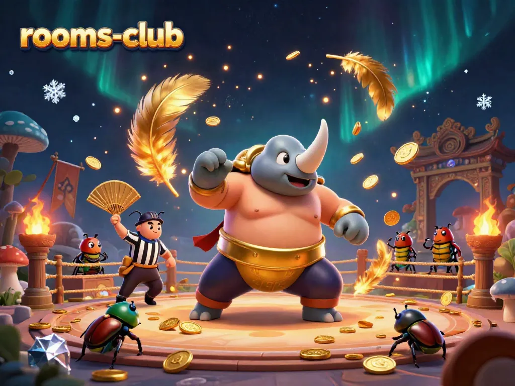 Permainan seru di rooms-club dengan kejuaraan Sumo Kumbang dan penonton Kumbang di latar belakang memukau.