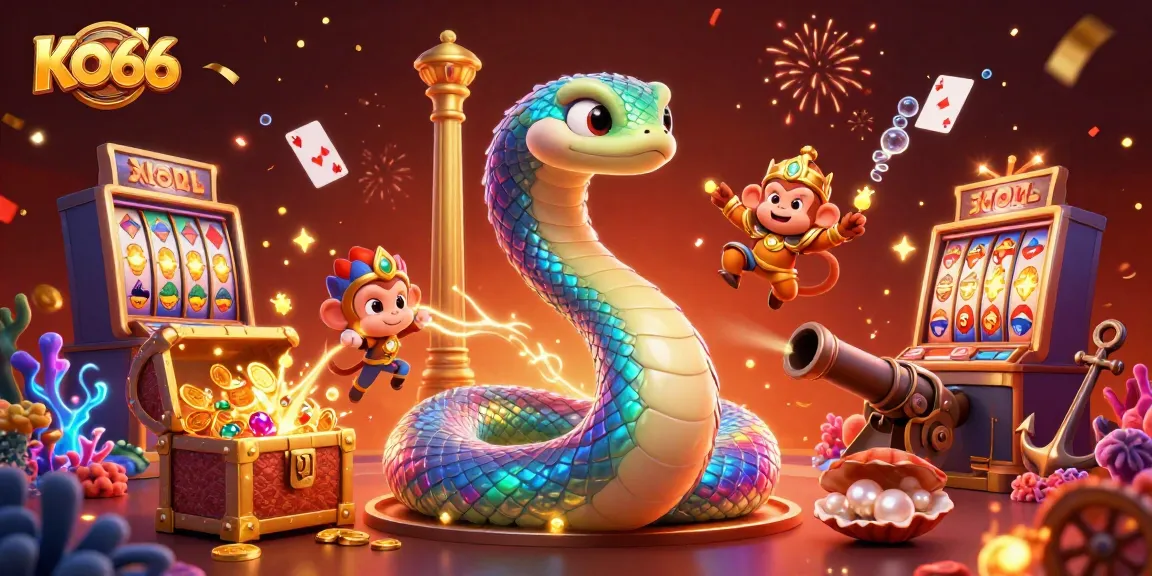Engage with KO66's vibrant gaming scene featuring a colorful serpent and monkey king.