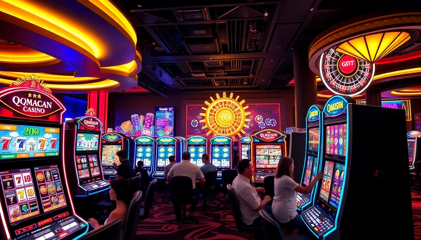 Enjoying the thrilling experience of qqmacan slot machines in a luxurious casino setting.