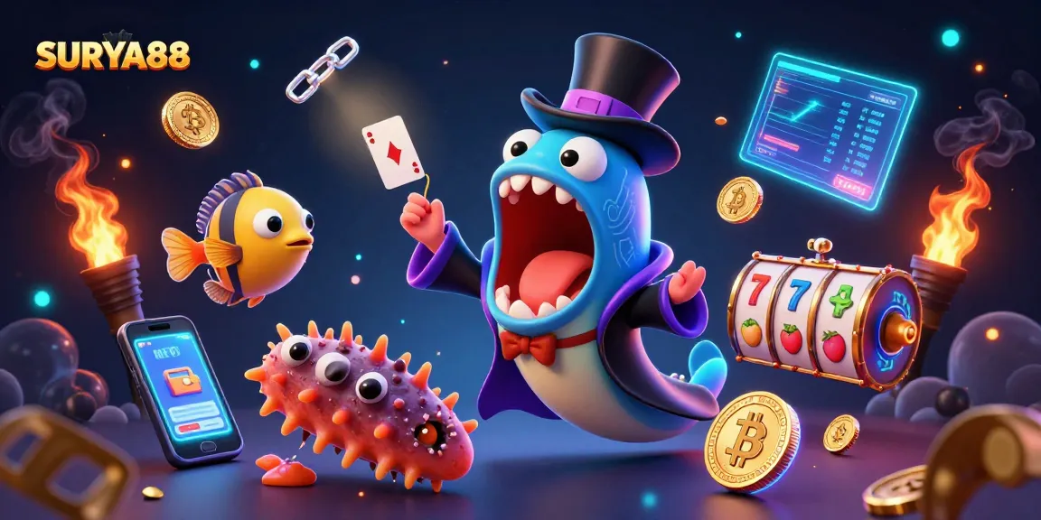 SURYA88 dazzles with a bioluminescent magician eel performing card tricks amidst vibrant casino elements.
