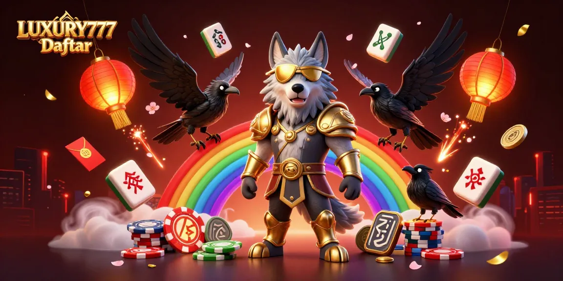 LUXURY777 Daftar menampilkan Odin serigala dan raven bersinar di jembatan kasino chips yang magis.