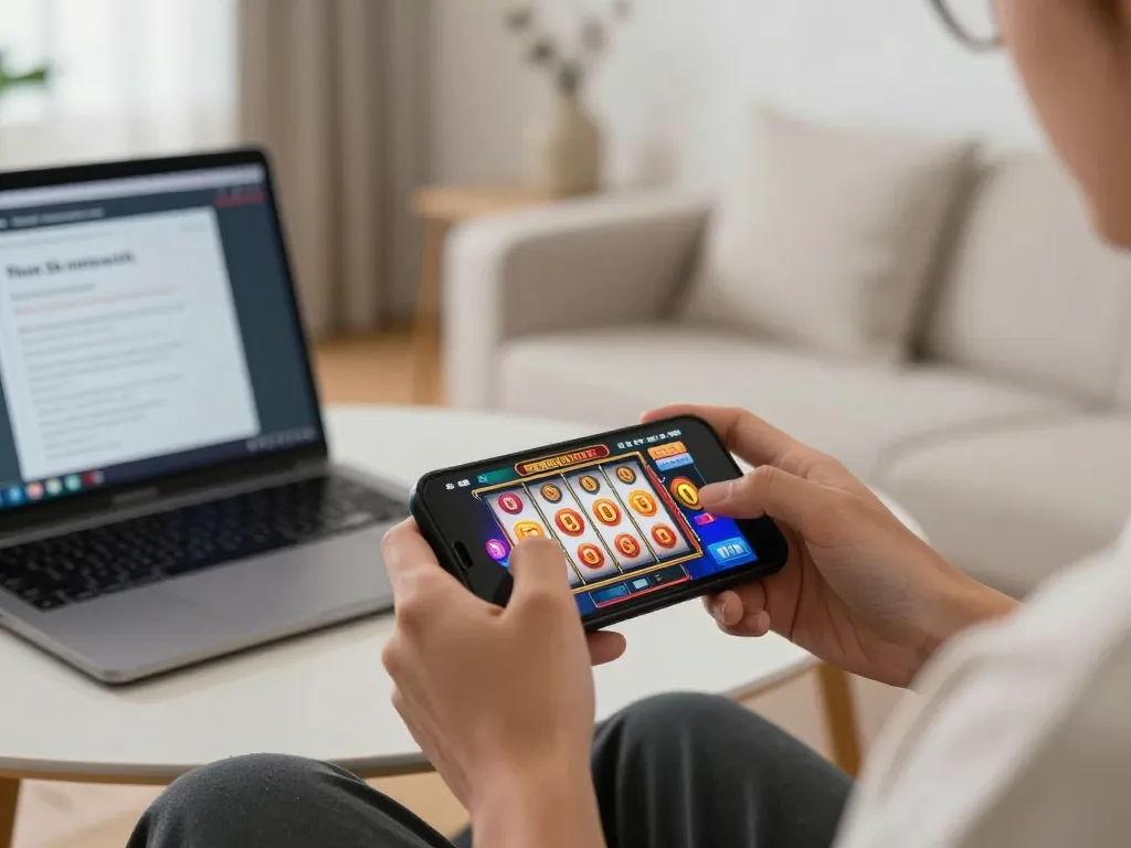 Playing slot 5k on a smartphone in a cozy home setting, showcasing engaging online gaming experience.