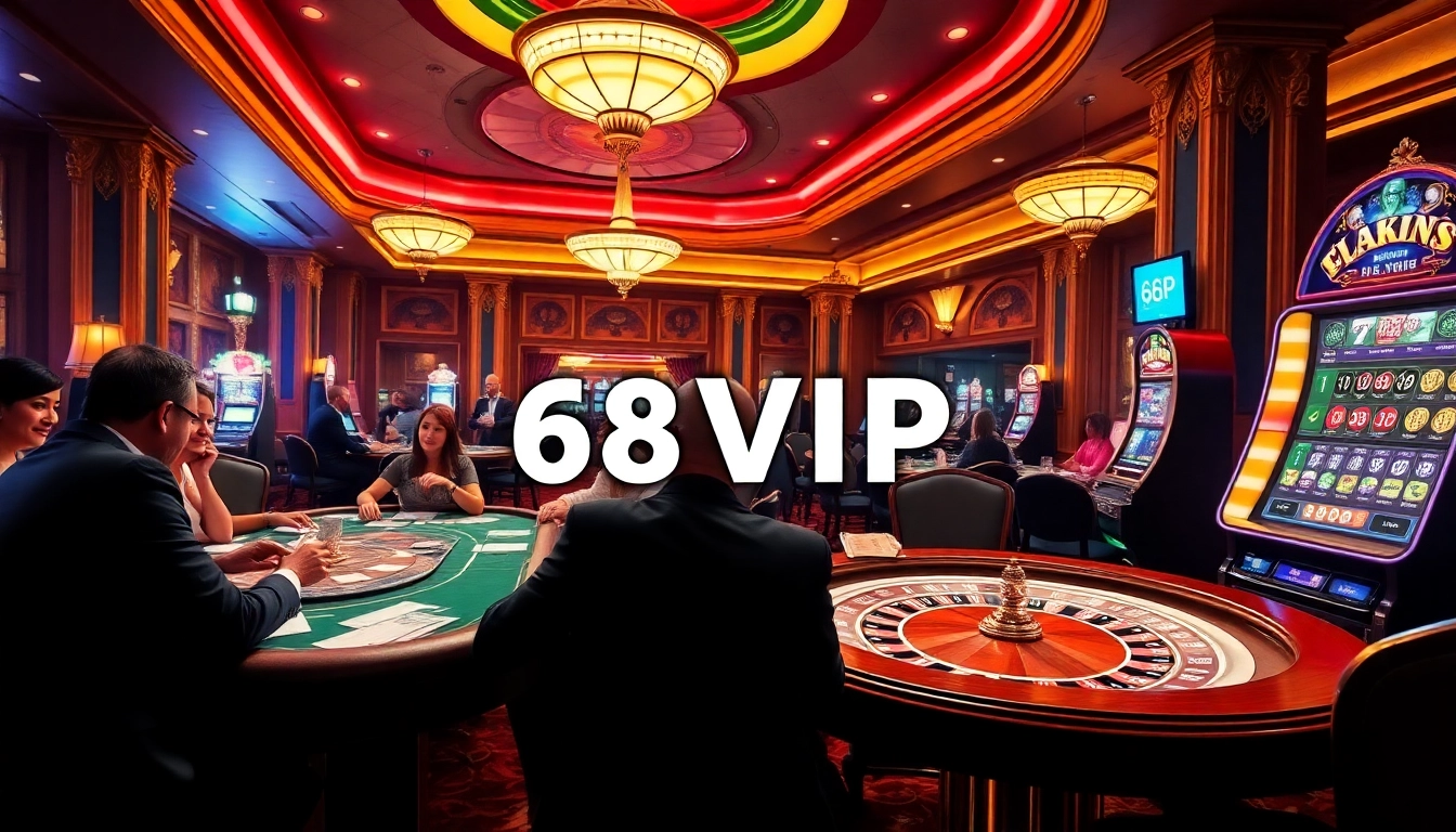 Experience the thrill of 68VIP in a luxurious casino setting with players at tables and a roulette wheel.