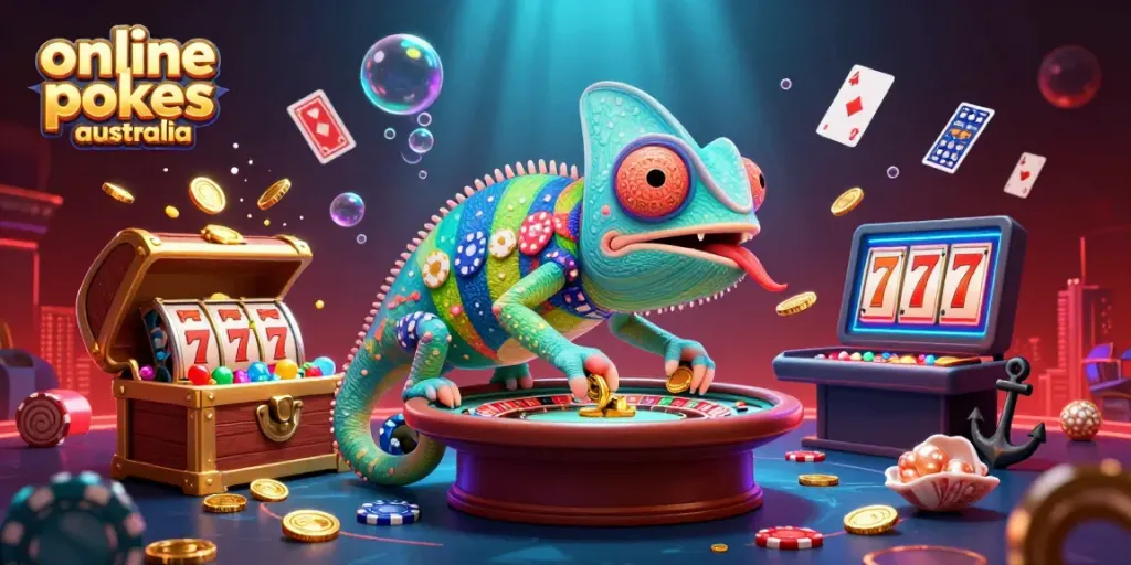 Experience thrilling gameplay with online pokies Australia featuring vibrant chameleon casino owner and dynamic slot elements.