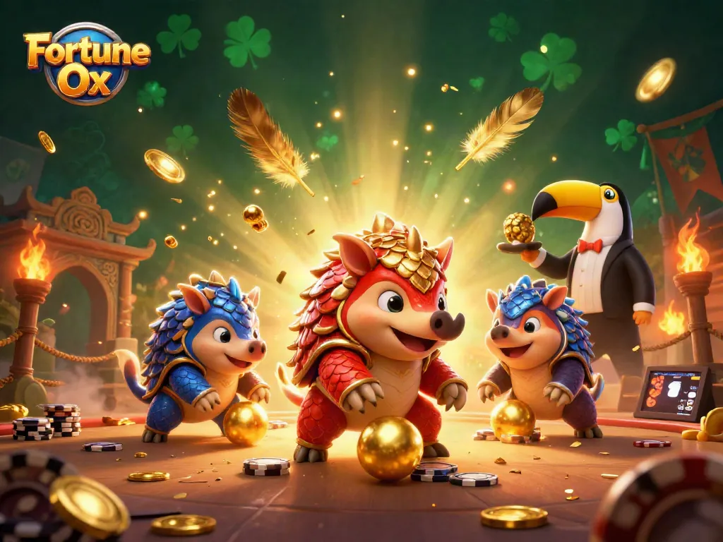 เกมสล็อต Fortune Ox ที่น่าตื่นเต้นโดยมีคู่แข่งแพนโกลินในชุดเกราะสีแดงและสีน้ำเงิน
