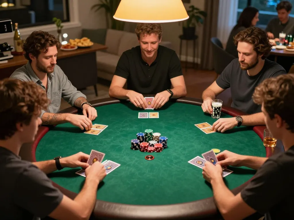 Players enjoying lc88 poker night, showcasing competitive gameplay, chips, and cards in home setting