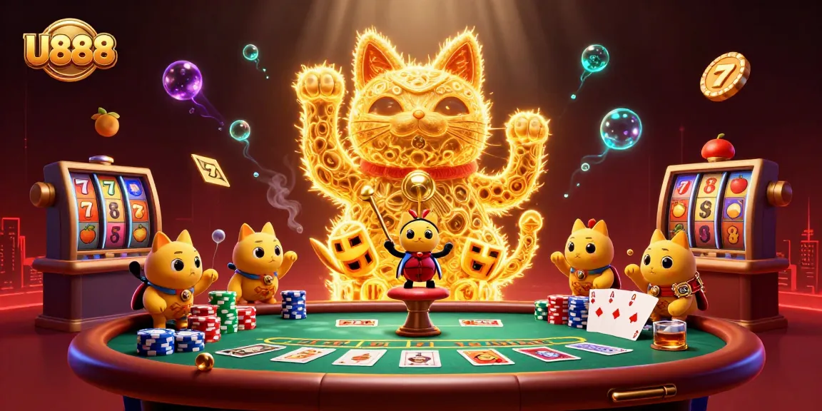 Join the excitement of U888 with a vibrant scene featuring a lucky cat, poker elements, and dynamic game symbols.