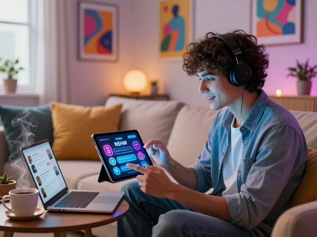 Engaging in ai sex chat with a customizable AI companion in a cozy living room.