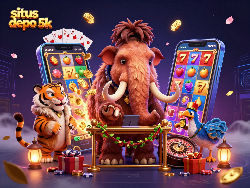 Engage in situs depo 5k with a vibrant scene of casino excitement featuring a woolly mammoth bouncer.