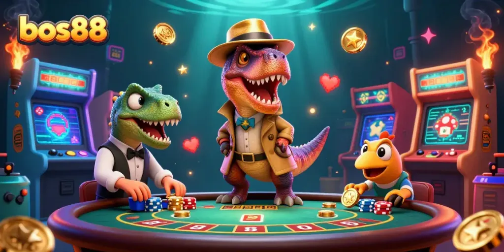 Engage with bos88's dynamic gaming scene featuring a velociraptor at blackjack, a suspicious stegosaurus pit boss, and a sneaky compy amidst colorful slots.