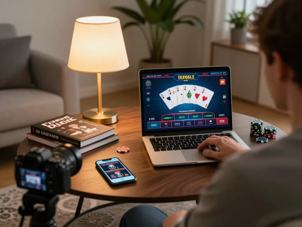 W69 player analyzing cards in an online poker game from home, showcasing strategic gameplay.