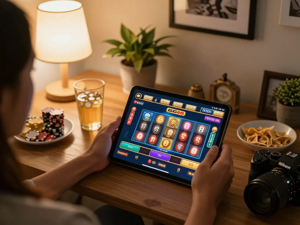 Engaging online gaming scene with GG88 app on tablet showing poker and slots gameplay in a cozy living room.