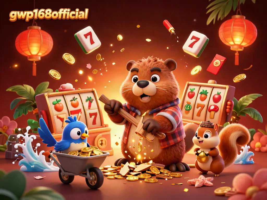 GWP168official membawa keberuntungan dengan simbol slot dan karakter mengumpulkan koin berkilau.