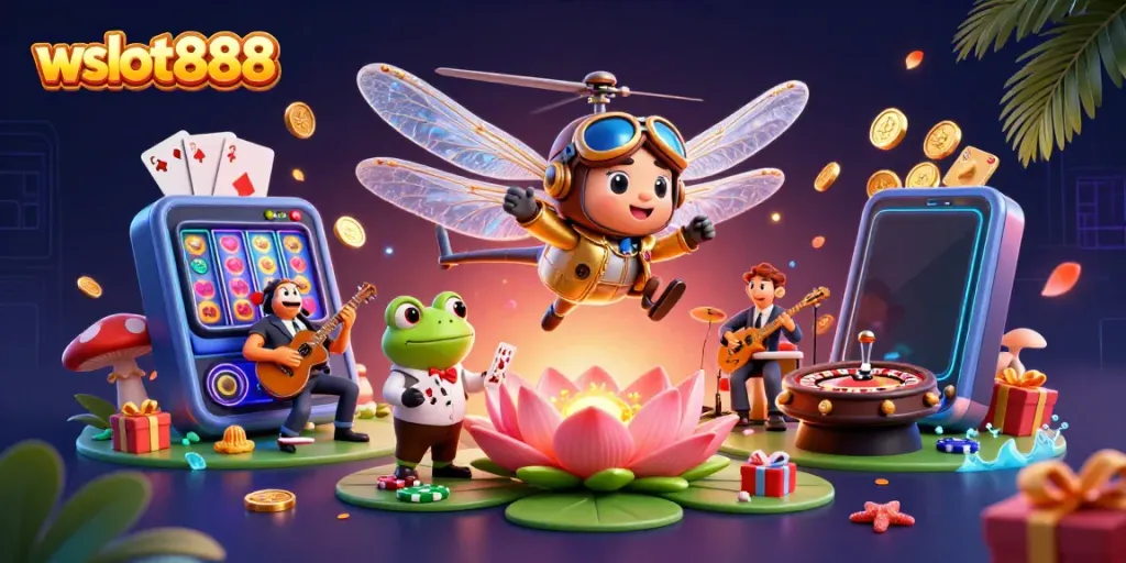 Slot gacor wslot888 dengan croupier katak dan pemain jazz dalam ilustrasi 3D
