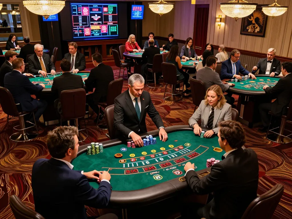 Watch players compete at blackjack tables while strategizing bets at m119 casino, vibrant atmosphere illuminated by neon lights