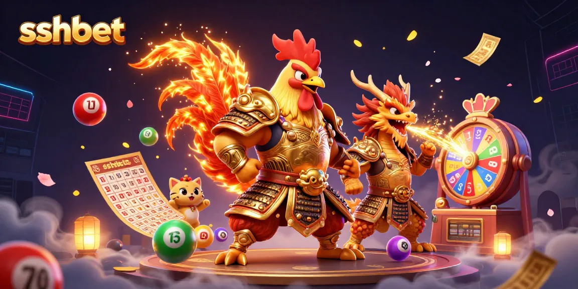 Experience the excitement of sshbet with dynamic casino elements like lottery balls and a lucky rooster warrior.