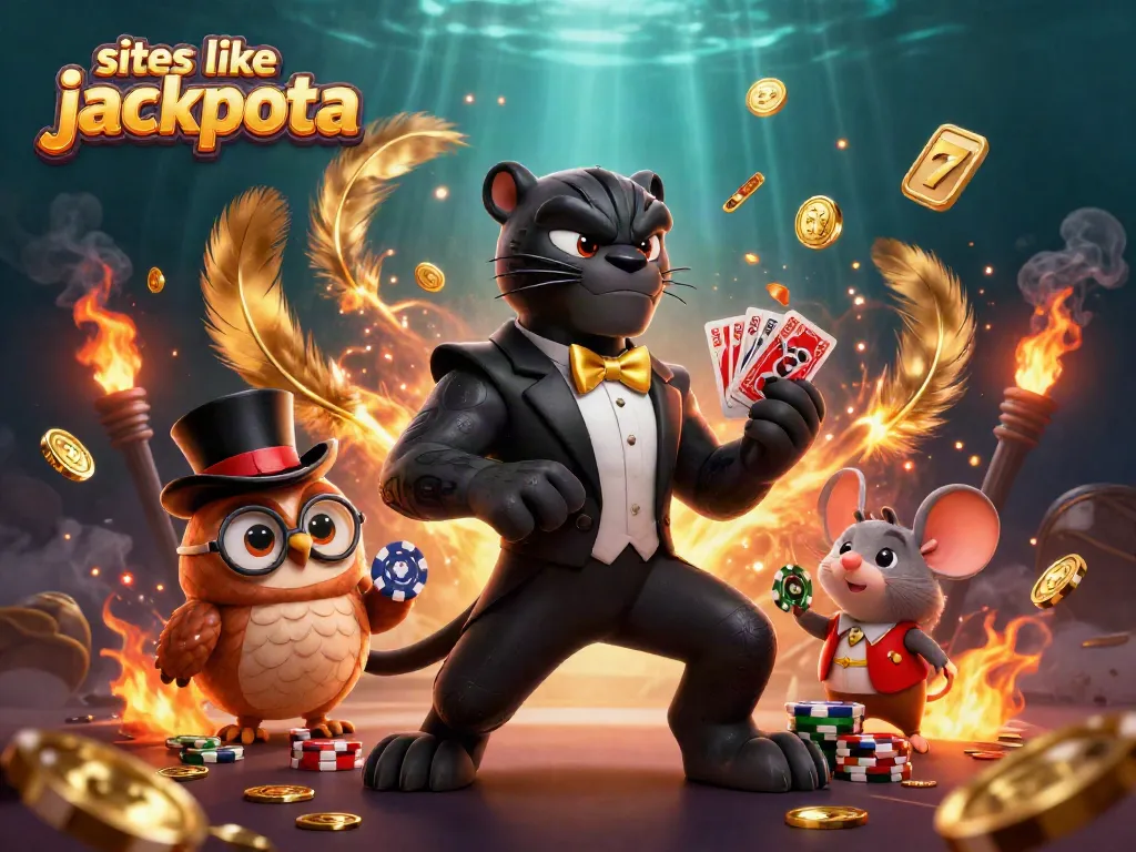 Experience the excitement of sites like jackpota with slot reels and casino characters in a vibrant scene.