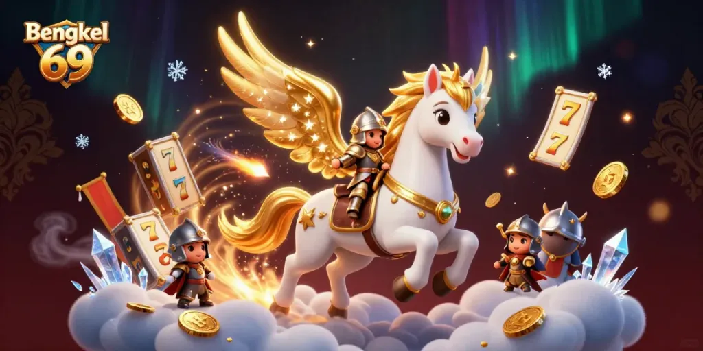 Bengkel 69 features dynamic slot reels and a celestial knight in a vibrant casino scene.