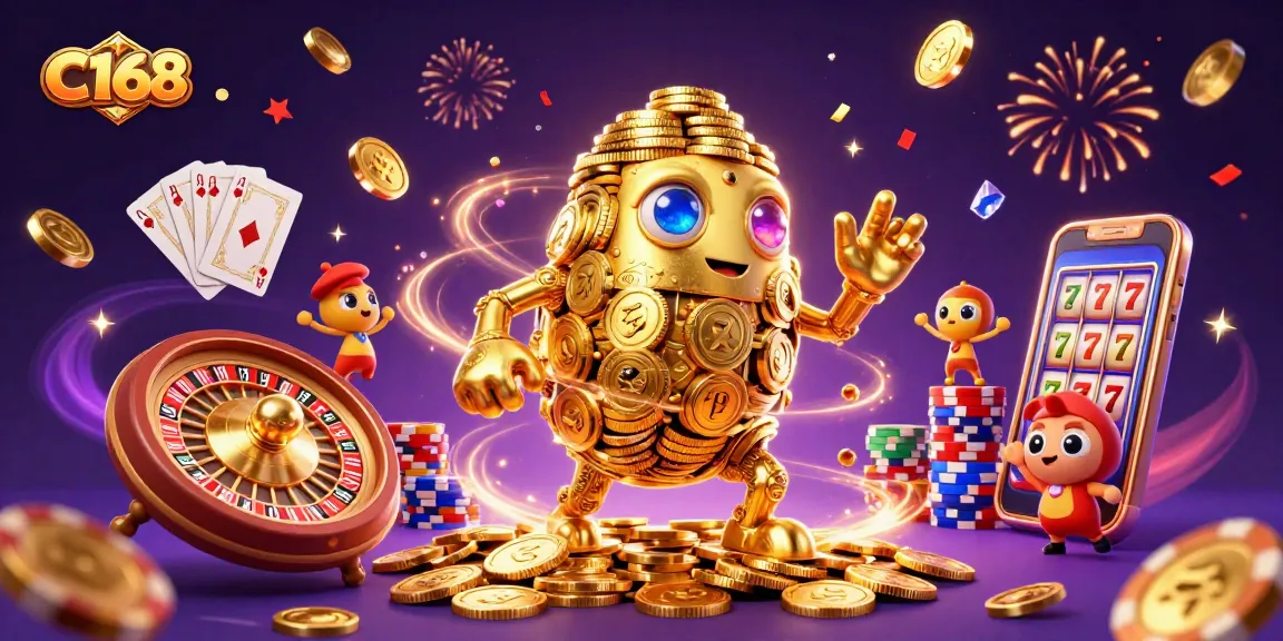C168 captivates gamblers with a dynamic scene of a golden golem, coins, and casino elements sparkling.
