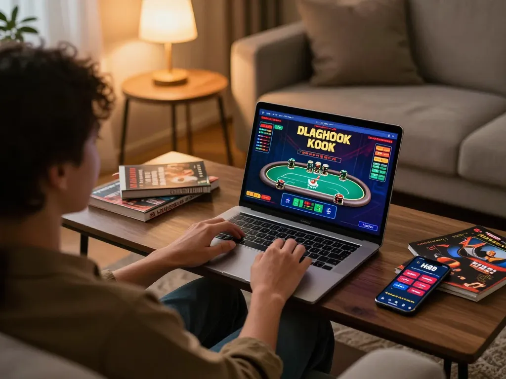 Person engaging in online gambling on Hi88, showcasing a lively poker game and cozy home setting.