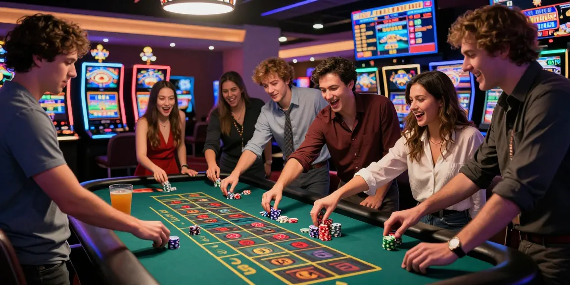 Kebuntoto players enjoying an exciting casino night at a roulette table, vibrant lights and energetic atmosphere.