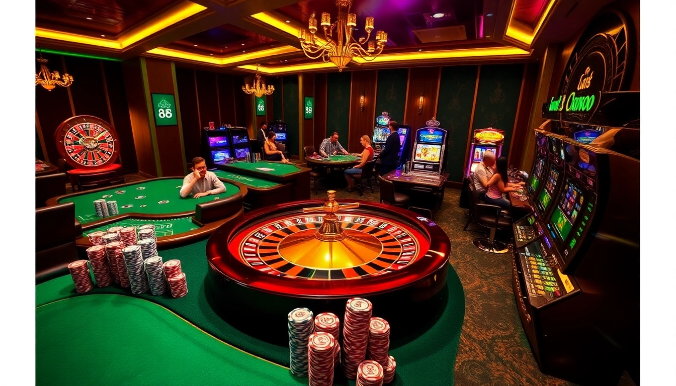 Players enjoying casino games at LC88, celebrating their wins with poker chips and roulette.