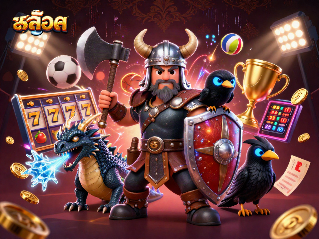 Spin the สล็อต reels with Viking hero, dragon, and coins flying in a lively casino scene.