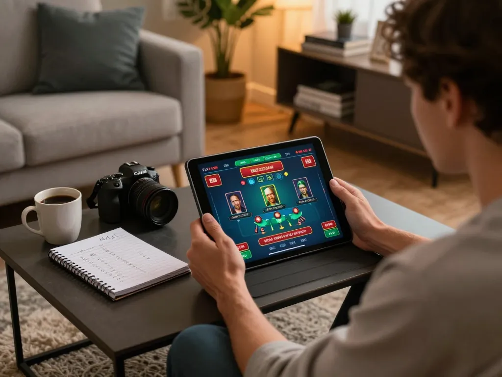 ta88 player engaging in live dealer game on tablet in cozy home setting with warm decor