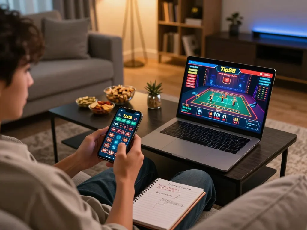 Engaged player exploring Tip88's live casino from home, showcasing strategic online gaming atmosphere.