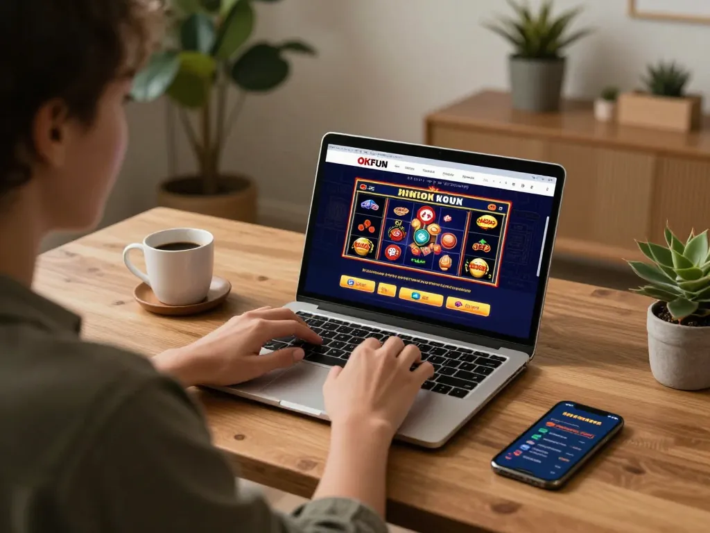 Engaging in online slots with the OKFUN app on a laptop, showcasing interactive gameplay experience.