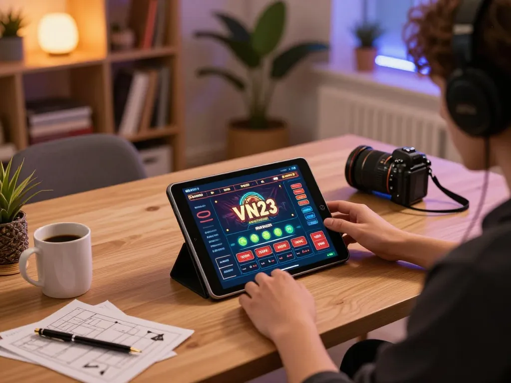 Engaging online gaming scene with VN23 app open, player immersed in strategic betting at home.