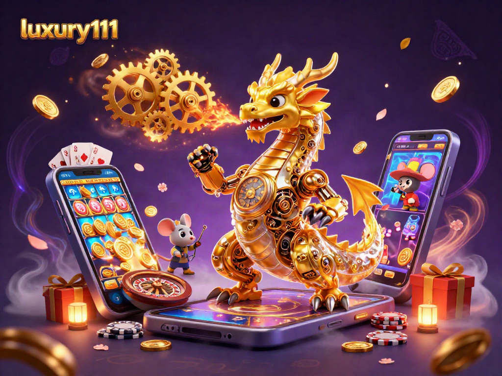 Spin and win at luxury111 with a vibrant 3D casino scene featuring golden dragon elements.