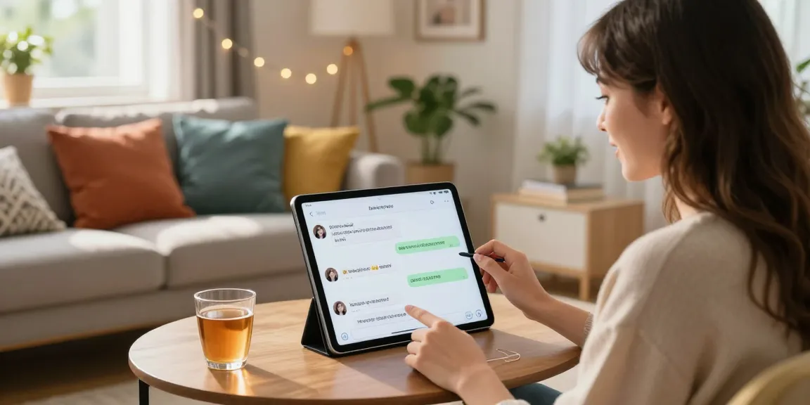 Engaging scene of young woman chatting with her ai girlfriend on a tablet in a cozy living room, showcasing the emotional connection.