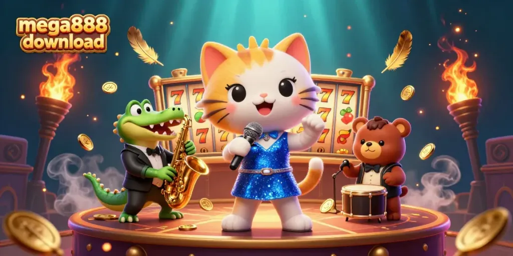 Join the fun with mega888 download, featuring a jazzy cat, croc, and bear amid vibrant casino action.