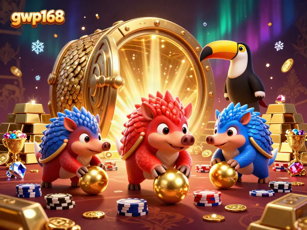 Menggulung bola emas dan poker chip di GWP168, kartun pangolin pesaing kehilangan penghalang dengan warna cerah.