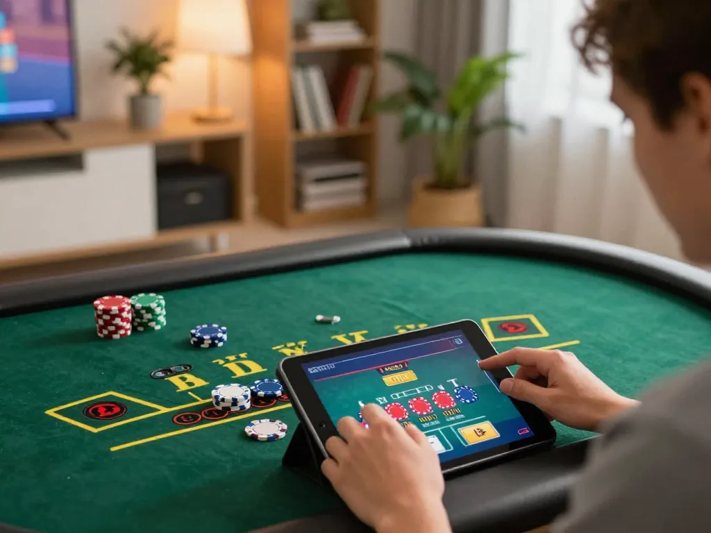 Engaging in online casino games at home with tg88 on a tablet, showcasing live dealer blackjack excitement