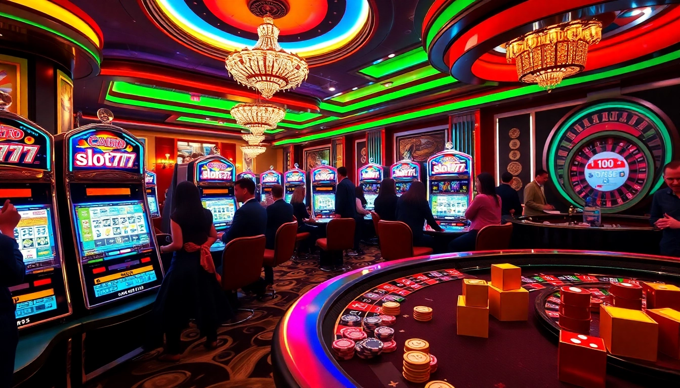Players try their luck at slot777 machines in a glamorous casino setting, capturing excitement and anticipation.