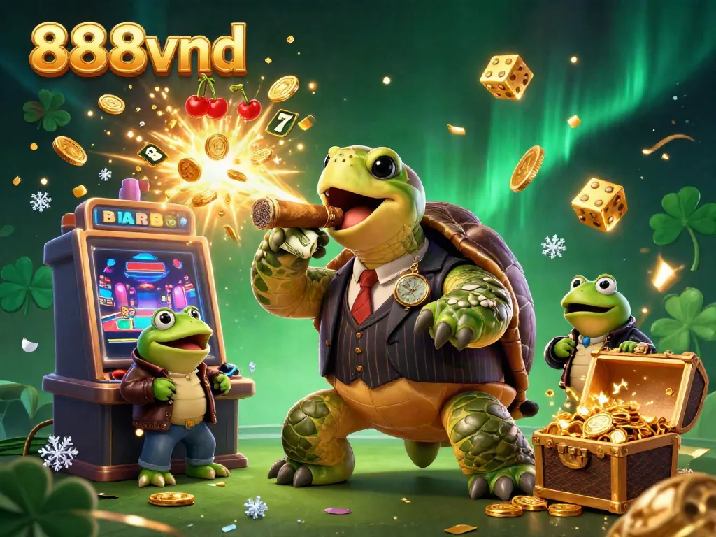 Engage in thrilling gambling action with 888vnd's animated casino adventures featuring a snapping turtle and bullfrogs.