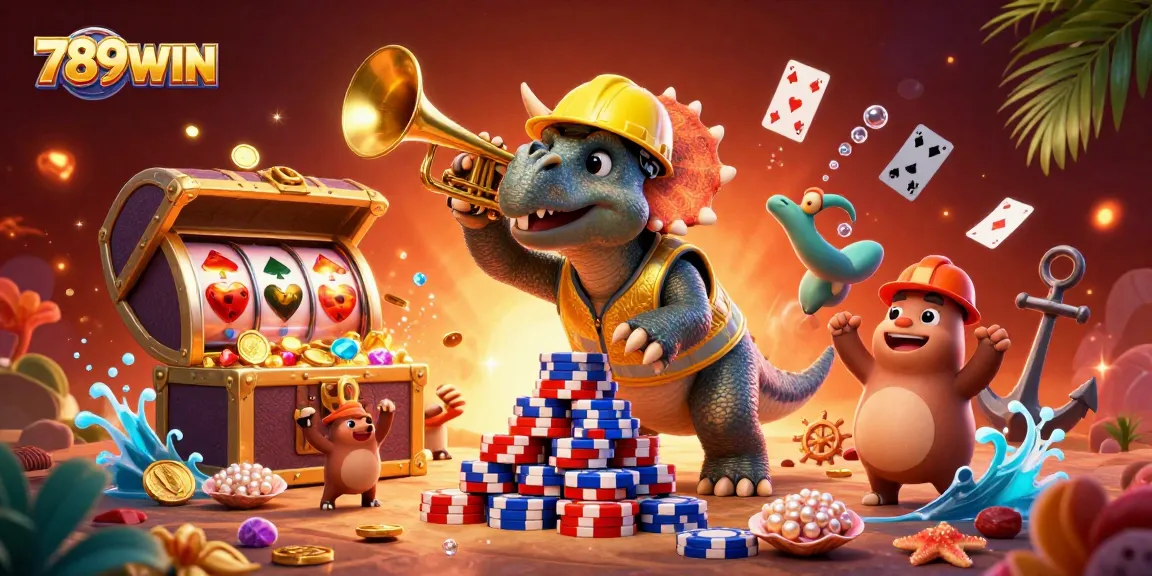 Build your poker stack with 789WIN's thrilling slots and vibrant casino elements in this captivating illustration.