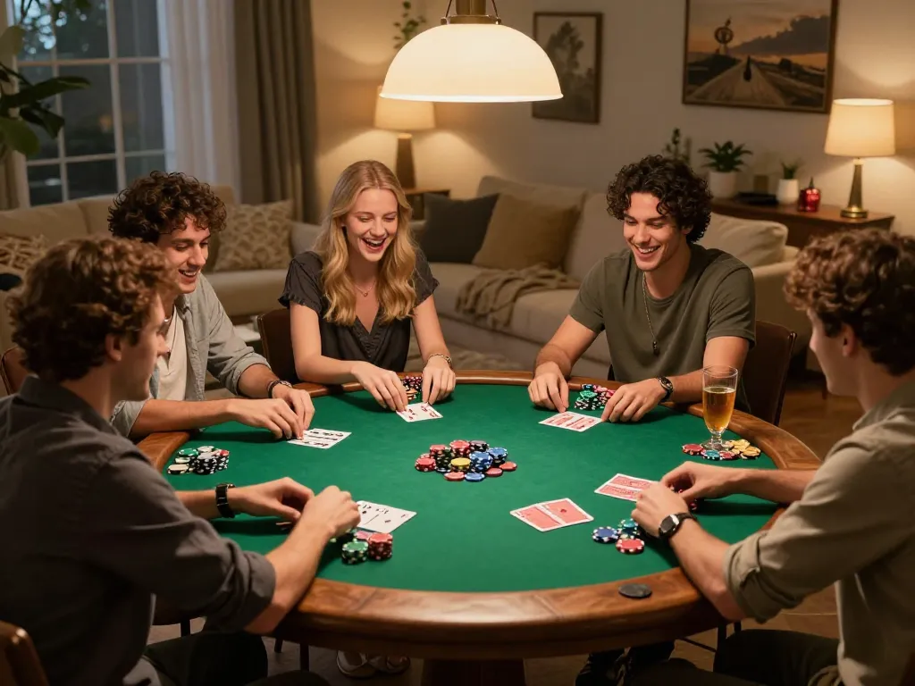 Friends enjoying a poker game at home with casinoatlas-style strategies and lively interactions.