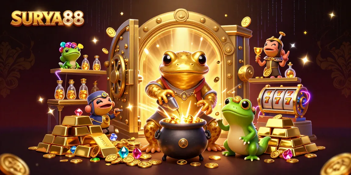 SURYA88 brings luck with vibrant casino elements in a magical gold-filled scene.
