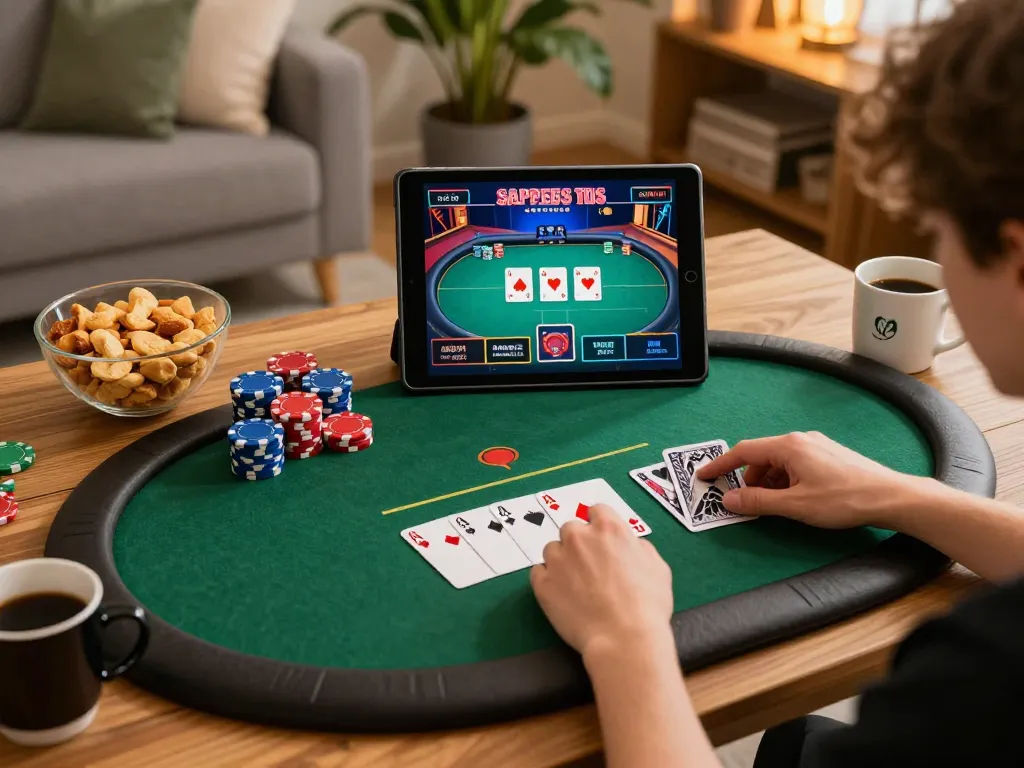 888NEW user enjoying dynamic online poker game on a tablet in a cozy setting with snacks