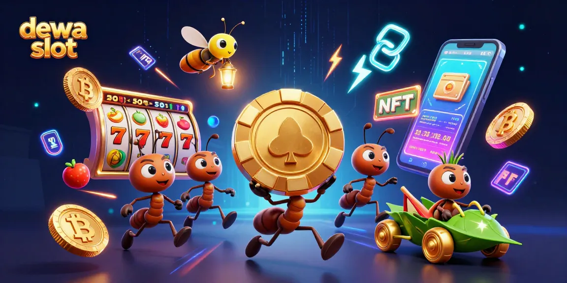 Engage with dewa slot as ants steal a giant poker chip amidst glowing crypto coins and slot game symbols.