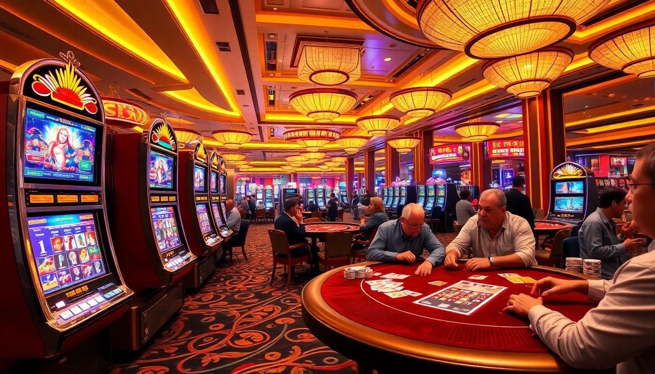 Situs slot games with players actively engaging in thrilling gambling at a luxurious casino.