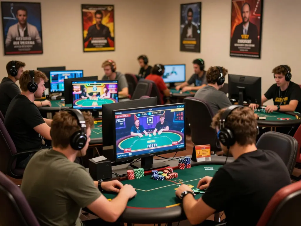 Poker88 online players engaged in a thrilling tournament with vibrant screens and strategic gameplay