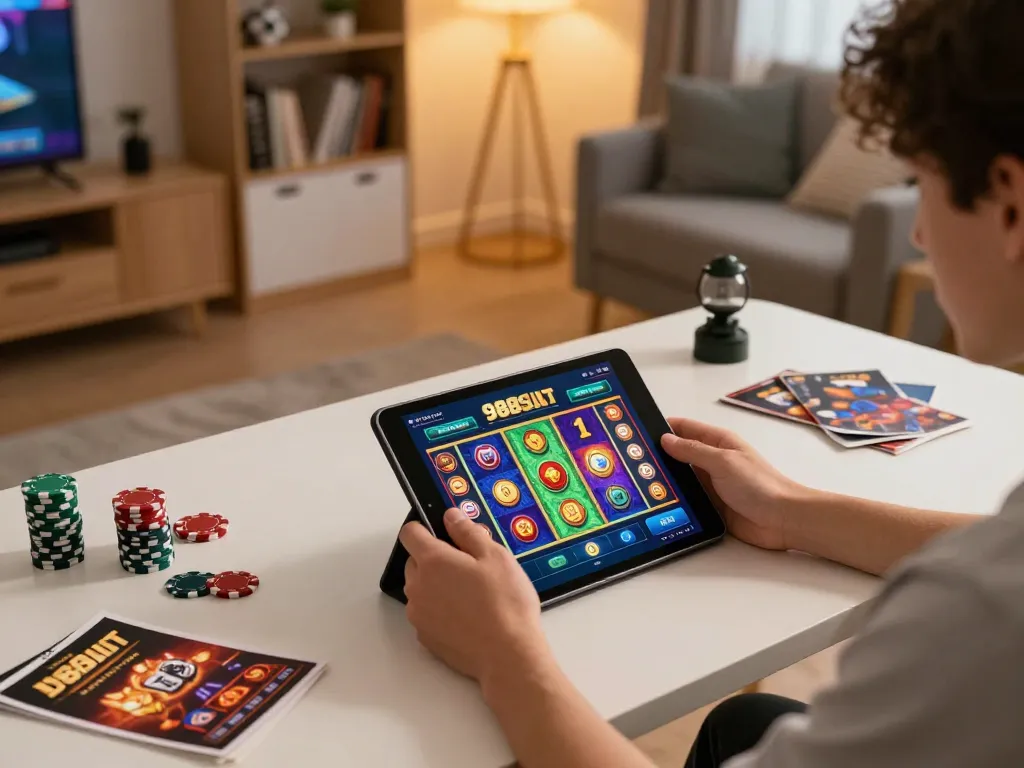Experience immersive gameplay with 988slot app as players enjoy vibrant slot games on tablets in a cozy home environment.