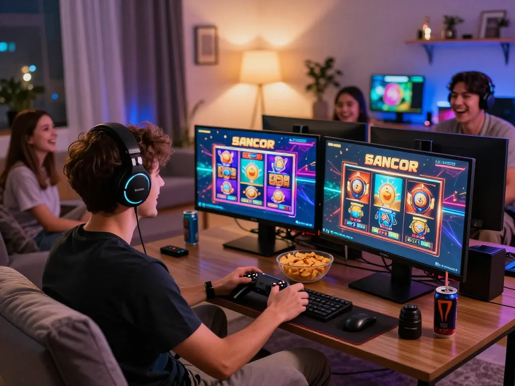 Engaging player enjoying a thrilling slot gacor experience at home with vibrant monitors and snacks.