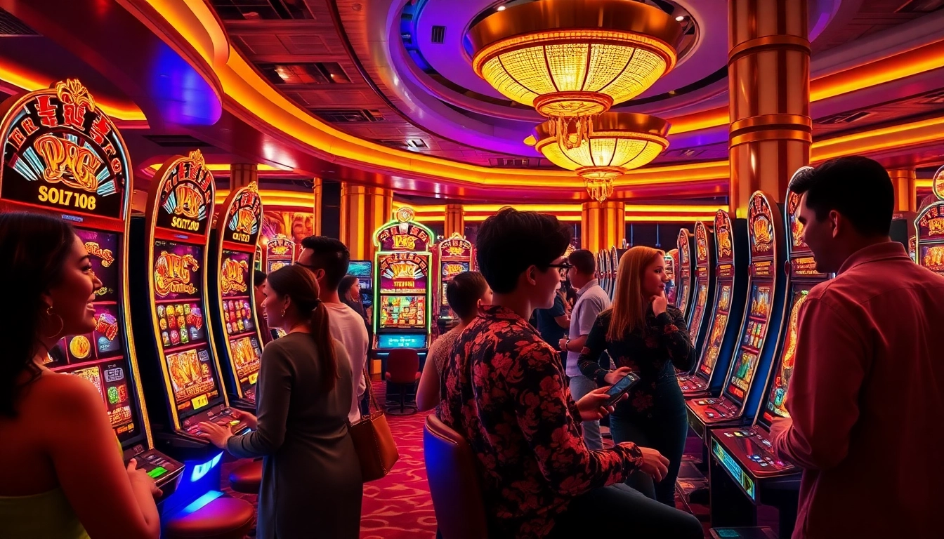 Players enjoying PG Fortune Tiger เกมดัง with vibrant slot machines in a luxury casino setting.