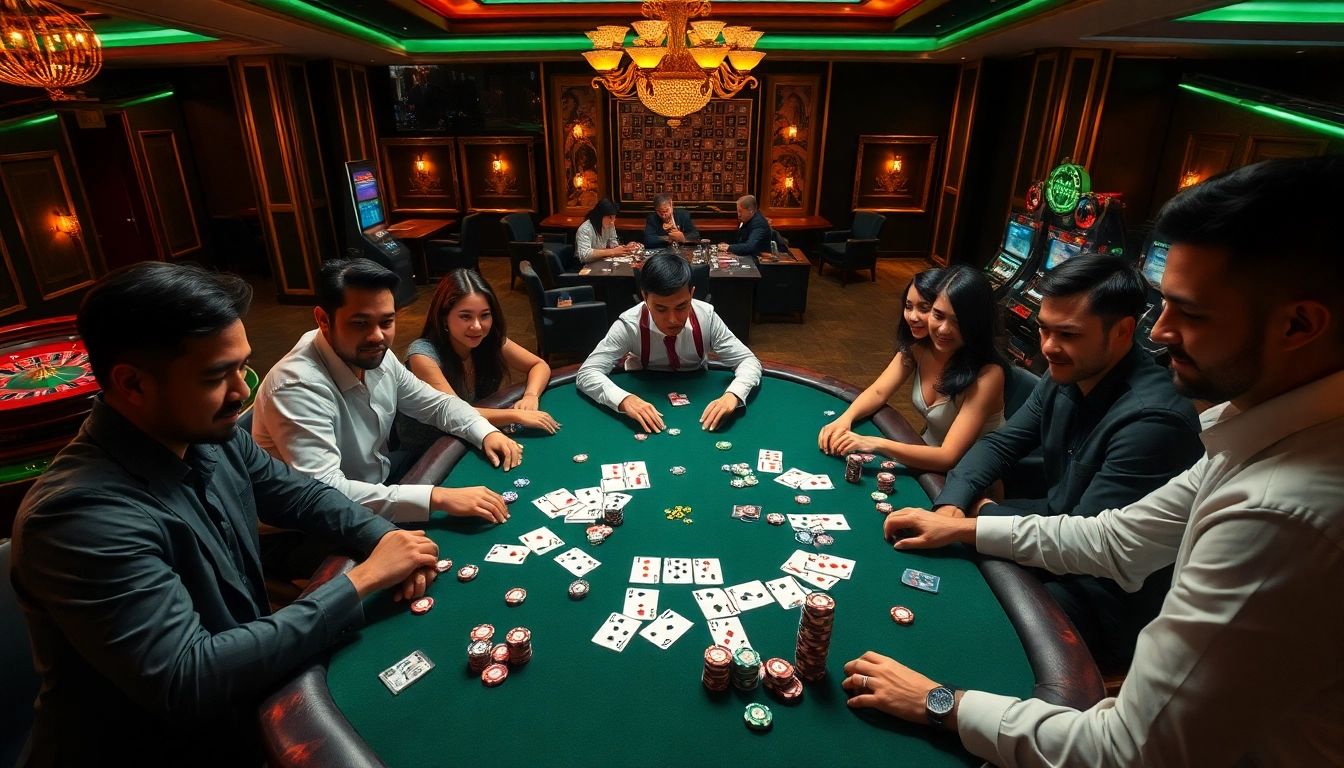 Players engage in exciting poker at a 99win com casino, showcasing strategy and concentration amid vibrant gaming elements.